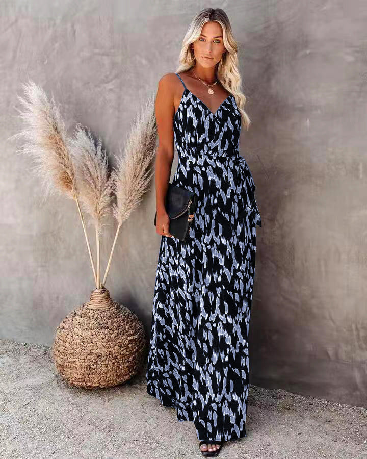 Women’s Long Dress – Slim Fit Bodice – A-Line – V-Neck – Spaghetti Straps – Printed