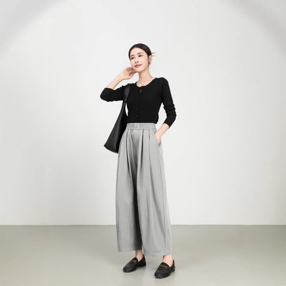 Women’s Wide-Leg Trousers – High Rise – Elastic Waist – Lightweight Twill – Full Length