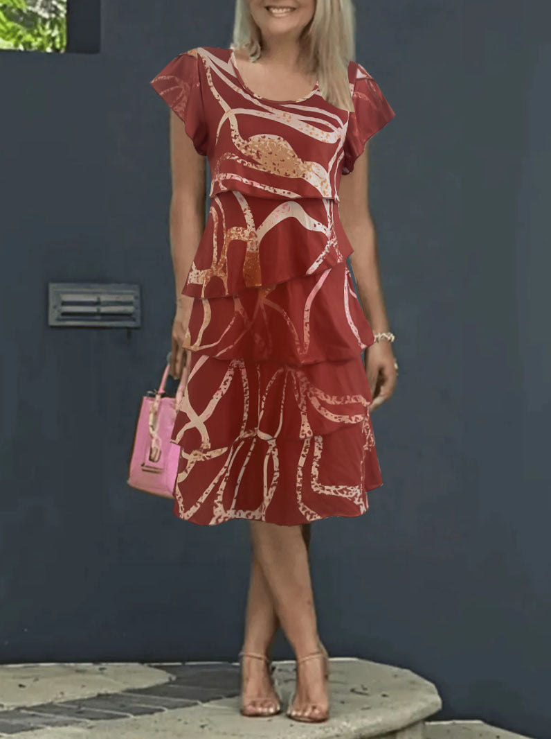Women’s Midi Dress – Relaxed Fit – Lotus Leaf Sleeves – Tiered – Printed