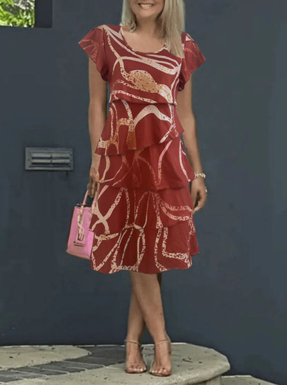 Women’s Midi Dress – Relaxed Fit – Lotus Leaf Sleeves – Tiered – Printed