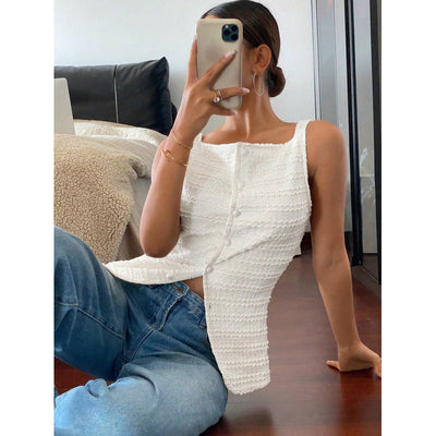 Women’s Sleeveless Top – Fitted Silhouette – Asymmetrical Hem – Button Front