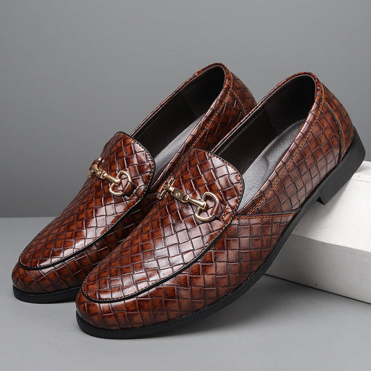 Men’s Loafers – Leather-Like Finish – Woven Texture – Slip-On – Metal Bit Detail