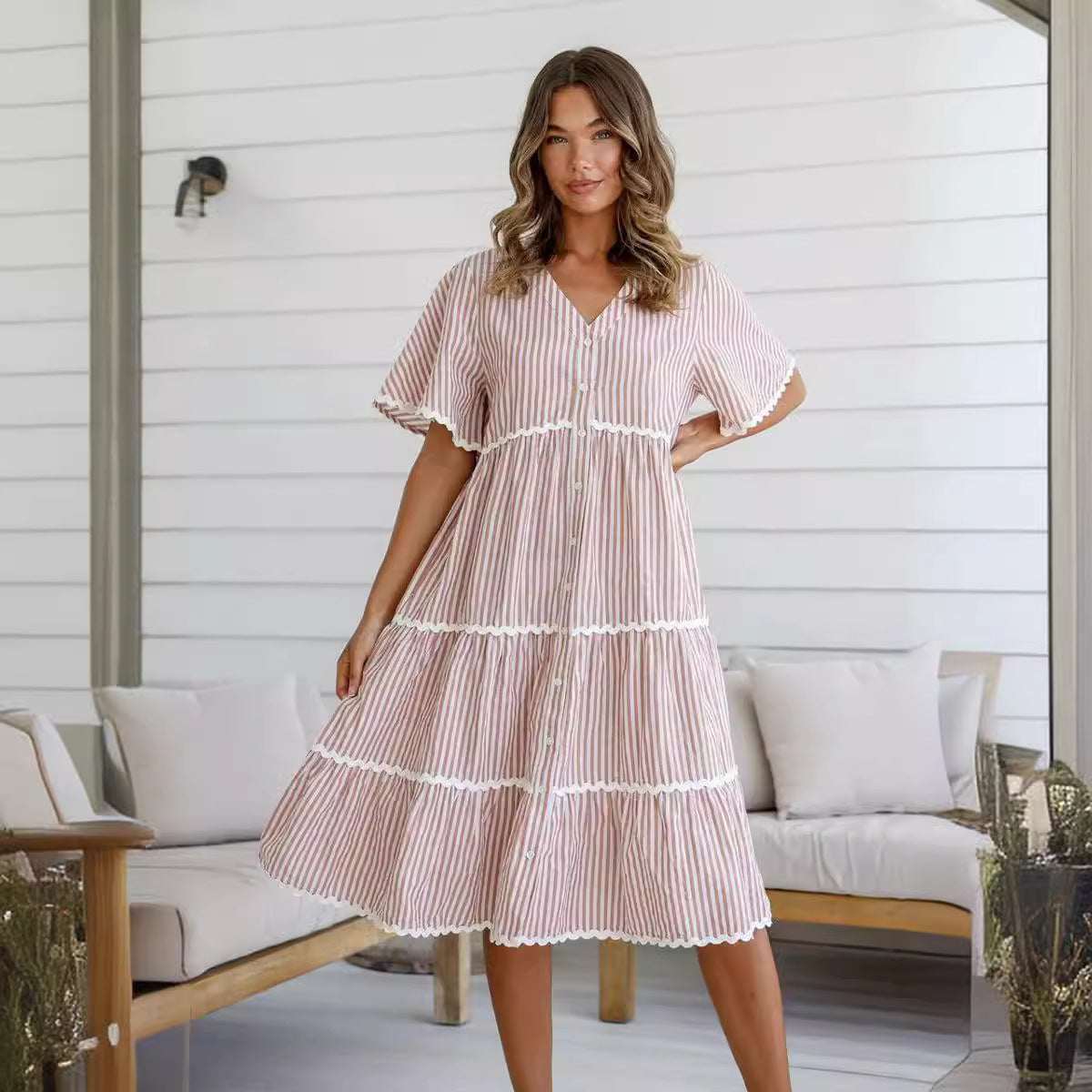 Women’s V-Neck Dress – Loose Fit – Tiered Layers with Lace Trim – Short Sleeve Cotton Blend