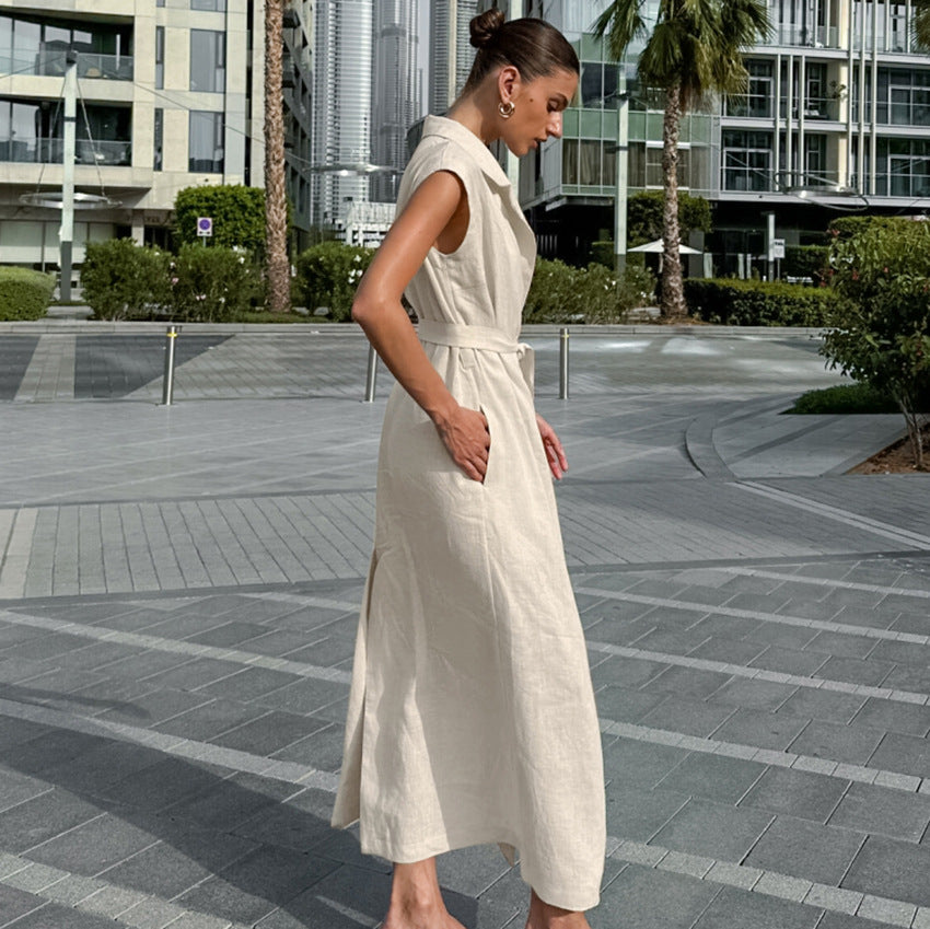 Women’s Sleeveless Dress – Cotton Linen Blend – Tie Waist – Full-Length Slit – Tailored Collar