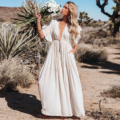 Women’s Maxi Dress – Flowy Fit – Ruffled Sleeves – V-Neck – Button Front – Elastic Waist
