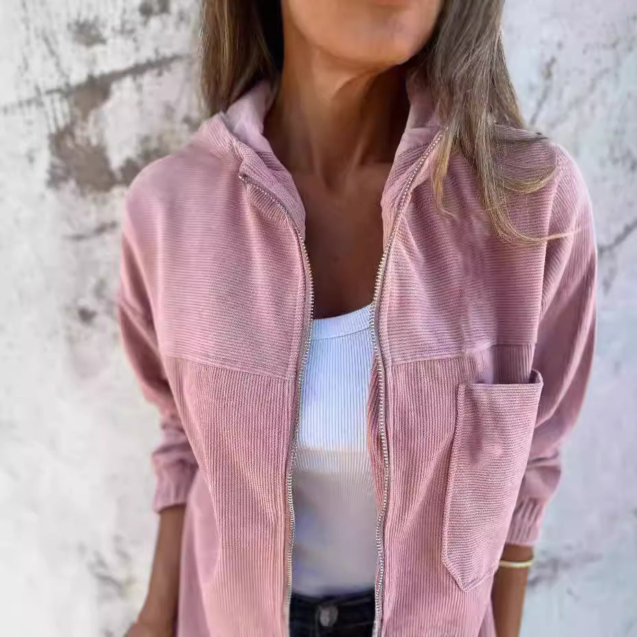 Women’s Hooded Jacket – Relaxed Fit – Ribbed Texture – Zip Front – Casual Style