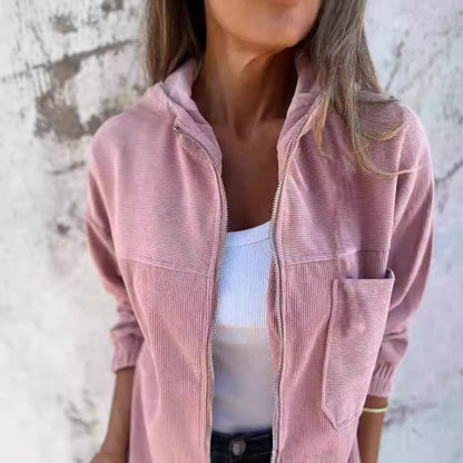 Women’s Hooded Jacket – Relaxed Fit – Ribbed Texture – Zip Front – Casual Style