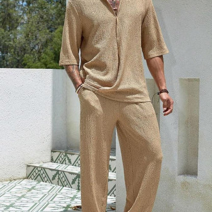 Men’s Shirt and Pants Set – Relaxed Fit – Lightweight Cotton – Mid Sleeve – Casual Wear