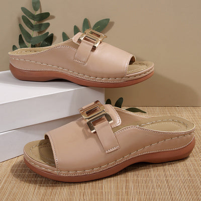 Women’s Platform Sandals – Slip-On Style – Wide Strap – Metallic Detail – Open Toe