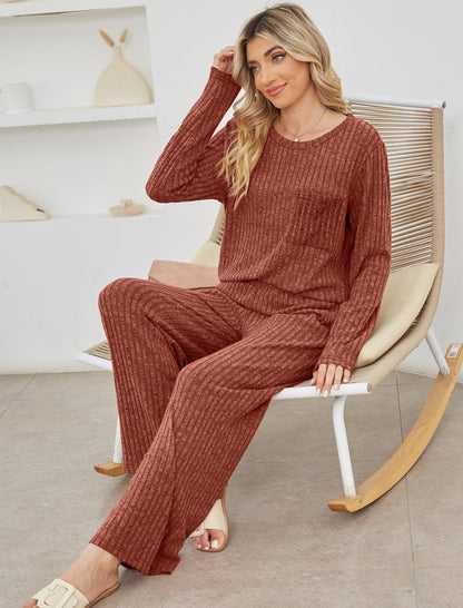 Women’s Lounge Set – Knit Ribbed Texture – Relaxed Fit – Long Sleeve Top & Trousers