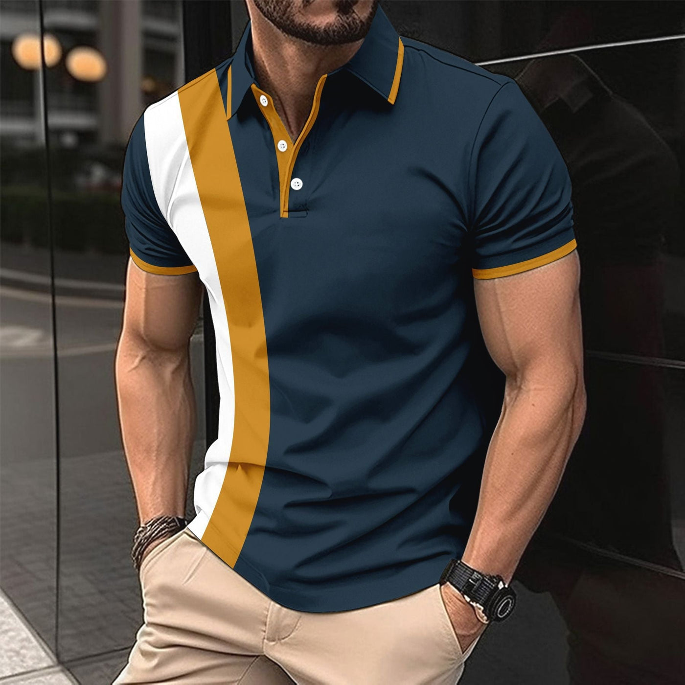Men’s Polo Shirt – Slim Fit – Cotton Blend – Stripe Front – Short Sleeve Casual