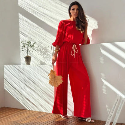 Women’s Two-Piece Set – Loose Fit T-Shirt with Back Bow – Wide-Leg Pocket Trousers