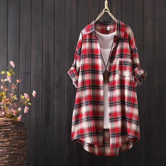 Plaid button-up longline shirt for women