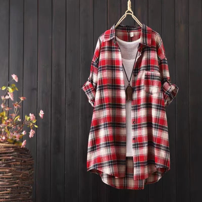 Plaid button-up longline shirt for women