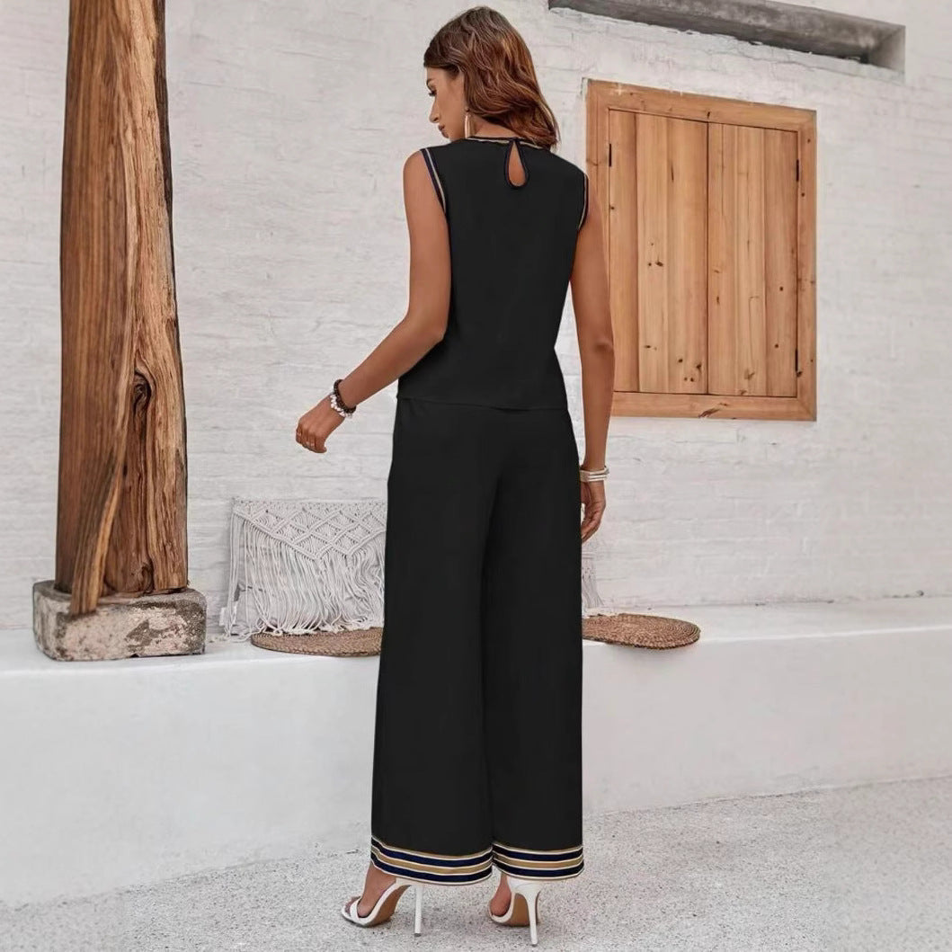 Women’s Two-Piece Set – Sleeveless Top and Wide-Leg Trousers – Relaxed Fit – Silky Feel