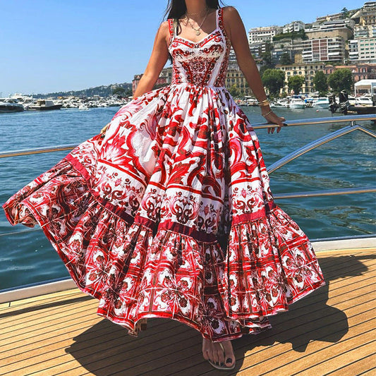 Women’s Maxi Dress – Fitted Bodice – Tiered Skirt – Breathable Blend – Printed Design