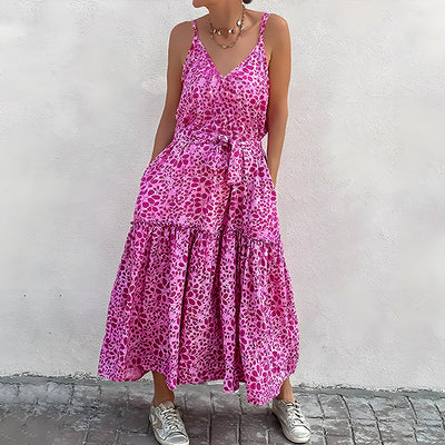Women’s Midi Dress – V-Neck Sleeveless – Relaxed Fit – Tiered Skirt – Waist Tie – Printed