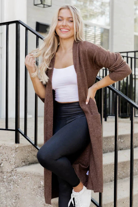 Women’s Long Cardigan – Knitted Soft Feel – Relaxed Fit – Open Front with Pockets