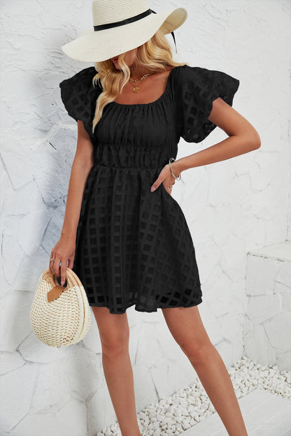 Women’s Mini Dress – Puff Sleeves – Square Neck – Gathered Waist – Textured Breathable Blend