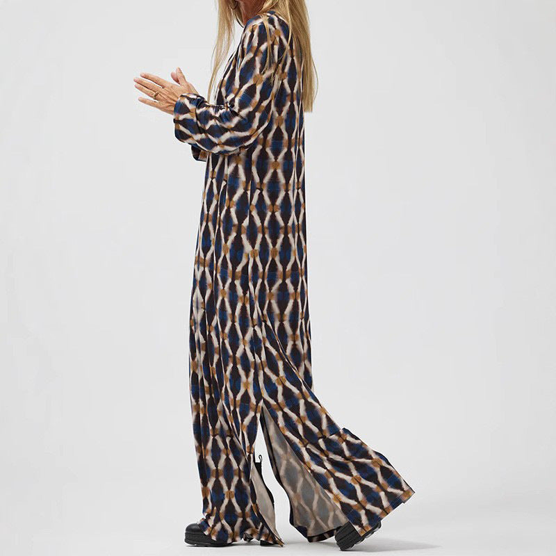 Women’s Midi Dress – Flowy Fit – V-Neck – Long Sleeve – Lightweight Printed Fabric