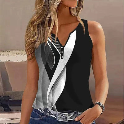 Women’s Sleeveless Top – V-Neck – Relaxed Fit – Decorative Buttons – Breathable Blend