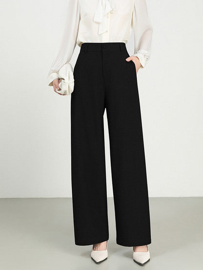 Women’s Wide-Leg Trousers – High Waist – Pleated Front – Full Length – Denim Texture