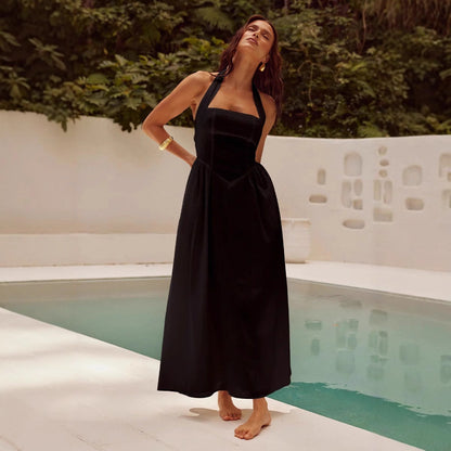 Women’s Halter Neck Maxi Dress – Backless – Flared Fit – Lightweight Chiffon Style