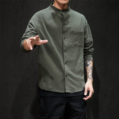 Men's leisure shirt with standing collar and long sleeves