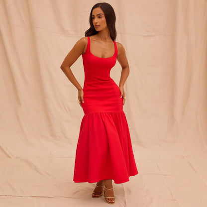 Women’s Evening Dress – Satin Finish – Fitted Flare Silhouette – Sleeveless Scoop Neck – Midi Length