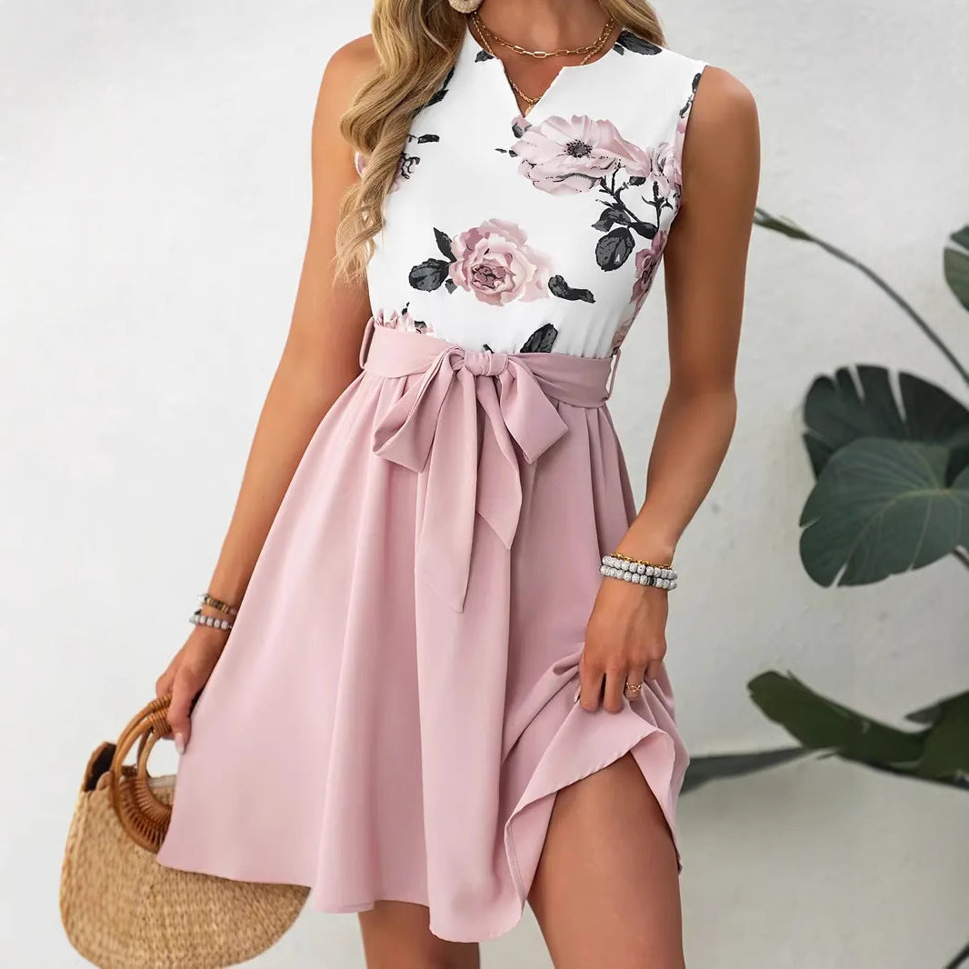 Women’s Knee-Length Dress – Slim Fit Bodice – A-Line Skirt – Sleeveless Round Neck – Floral Belt