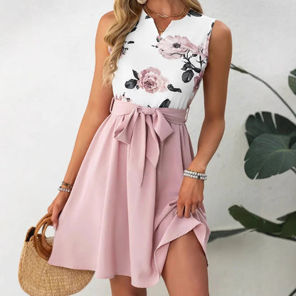 Women’s Knee-Length Dress – Slim Fit Bodice – A-Line Skirt – Sleeveless Round Neck – Floral Belt