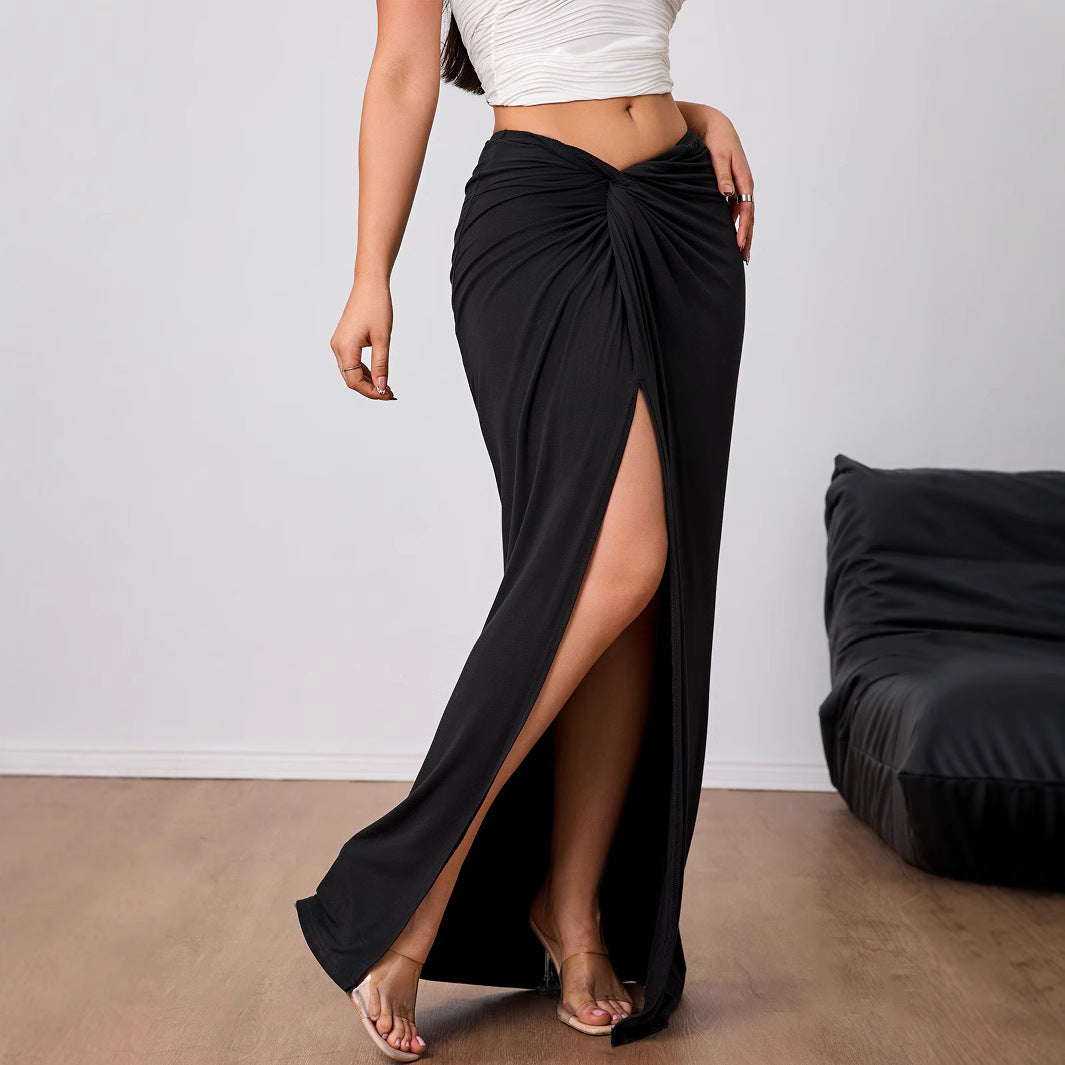 Women’s Midi Skirt – High Waist – Draped Fit – Ruched Waist – Front Slit Elegance