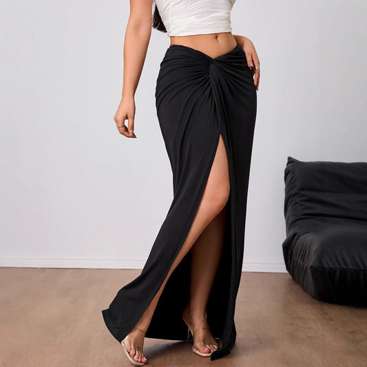 Women’s Midi Skirt – High Waist – Draped Fit – Ruched Waist – Front Slit Elegance