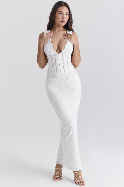 Women’s Lace Dress – Fitted High Waist – Plunging Neckline – Full Length Formal Wear