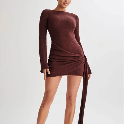 Women’s Mini Dress – Slim Fit Knit – Long Sleeve – Ruched Side with Adjustable Tie
