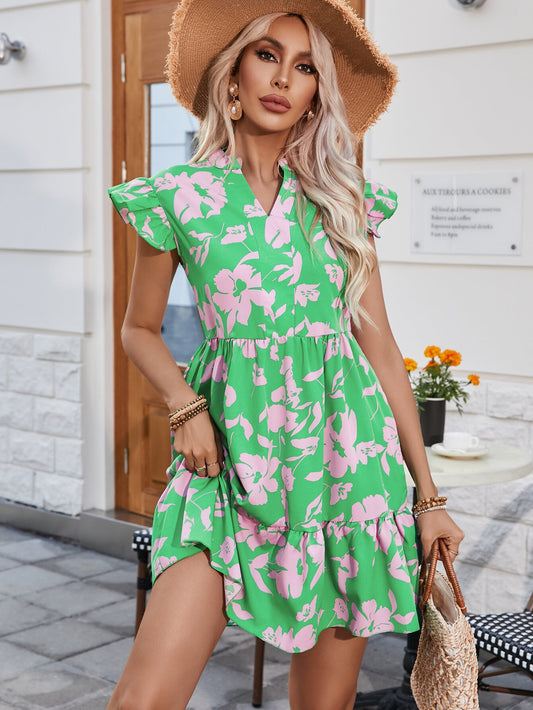 Women's Mini Dress - Flutter Sleeve - V-Neck - Floral Print - Casual Daywear