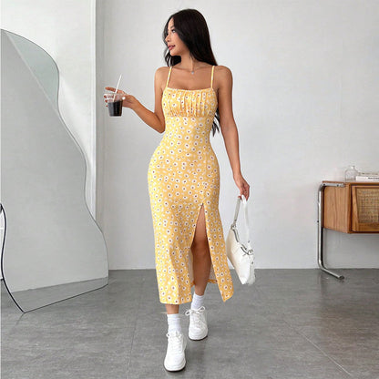 Women’s Midi Dress – Slim Fit – Spaghetti Straps – Side Slit – Floral Cotton Blend