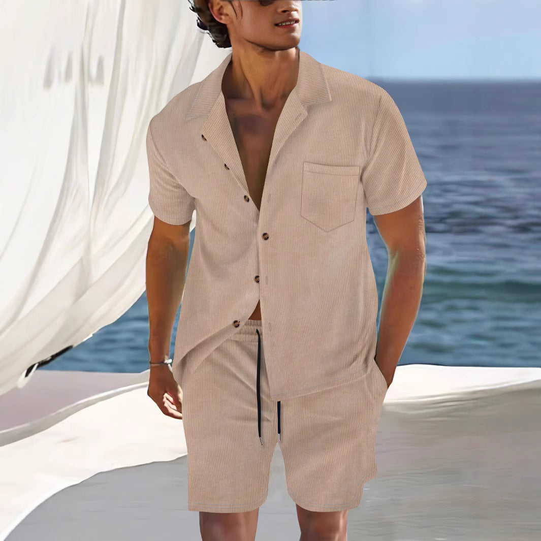 Men’s Shirt and Shorts Set – Relaxed Fit – Cuban Collar – Breathable Lightweight Fabric