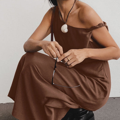 Women’s One-Shoulder Dress – Cotton Linen Blend – Slim Fit – Full Length – Formal Wear