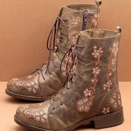 Women’s Mid-Calf Boots – Embroidered Floral – Block Heel – Lace-Up with Side Zip