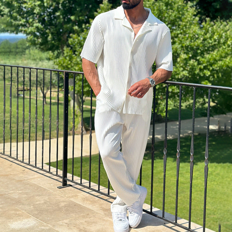 Men’s Athleisure Set – Relaxed Fit – Short Sleeve Shirt – Straight Leg Trousers – Breathable Blend