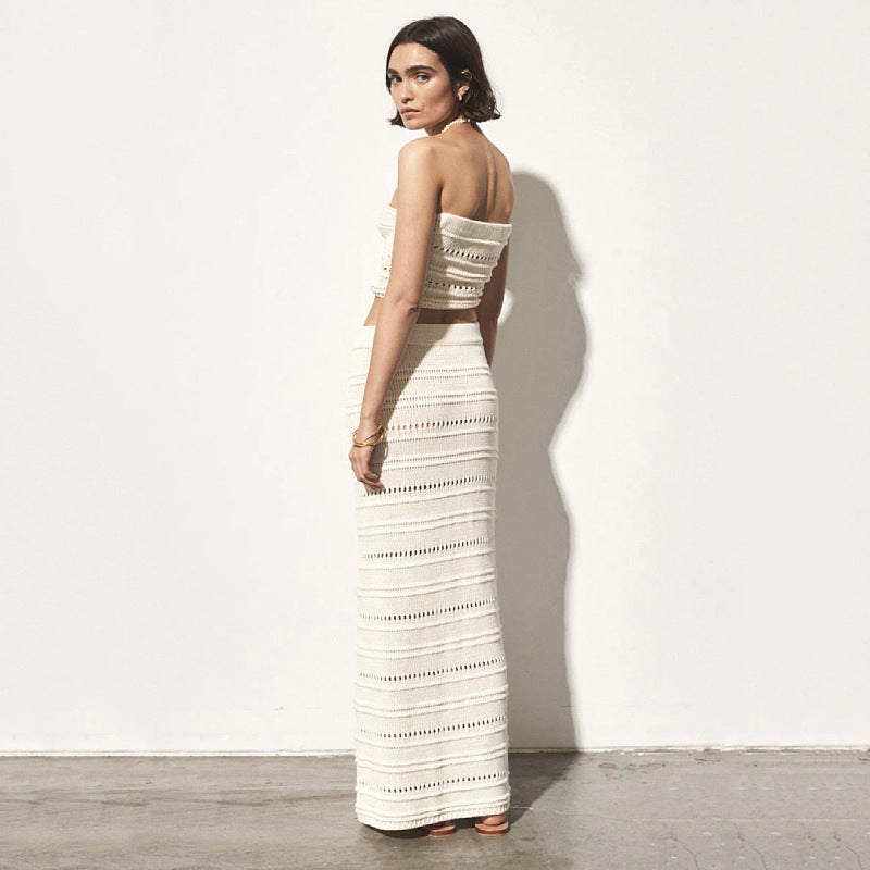 Women’s Two-Piece Set – Crochet Slim Fit Bandeau Top and High-Waisted Midi Skirt