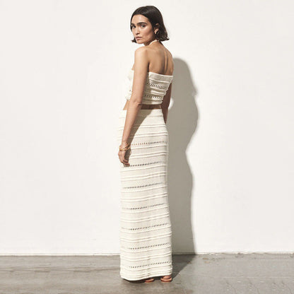 Women’s Two-Piece Set – Crochet Slim Fit Bandeau Top and High-Waisted Midi Skirt
