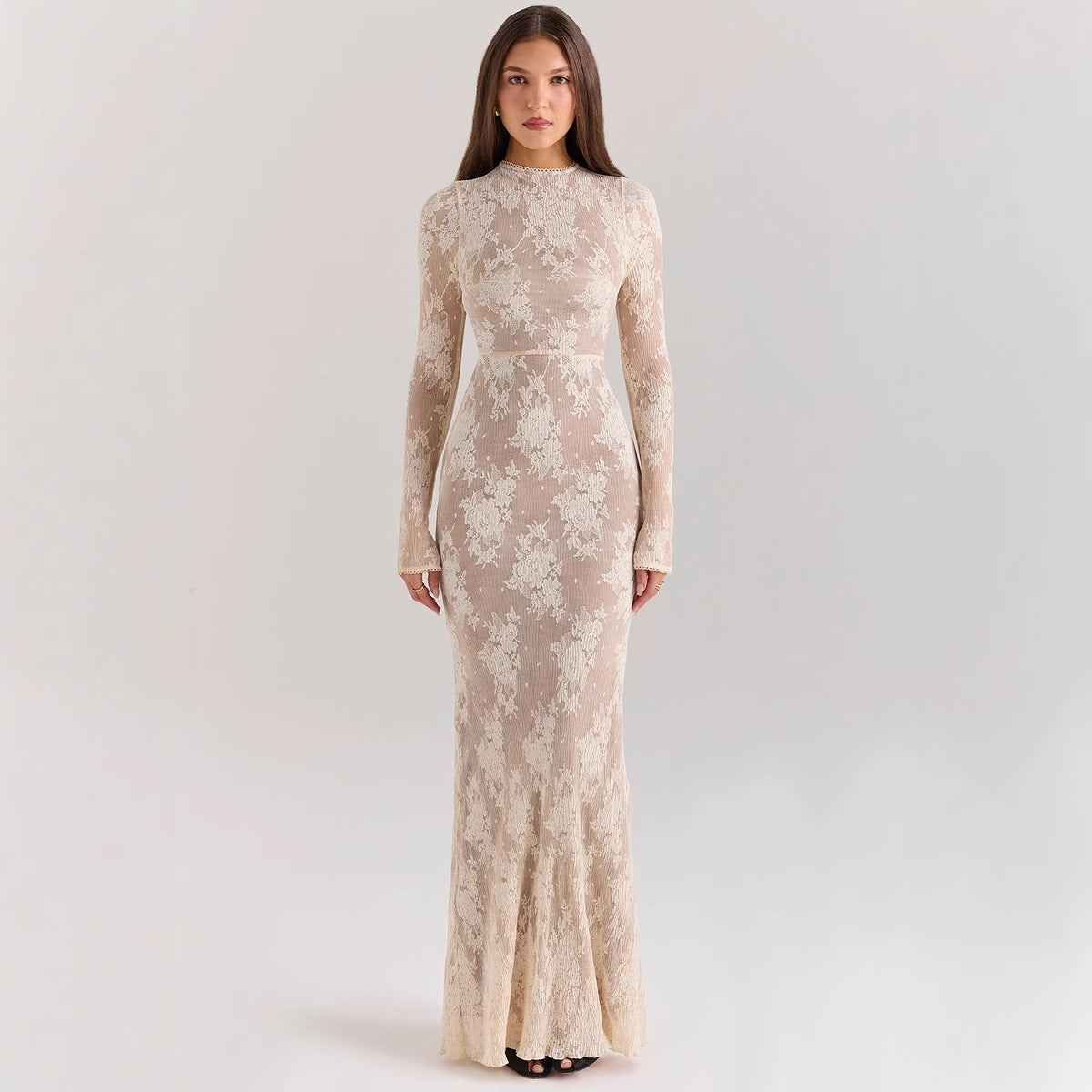 Women’s Lace Gown – Slim Fit – Long Sleeve – Fishtail Hem – High Neck Formal Dress