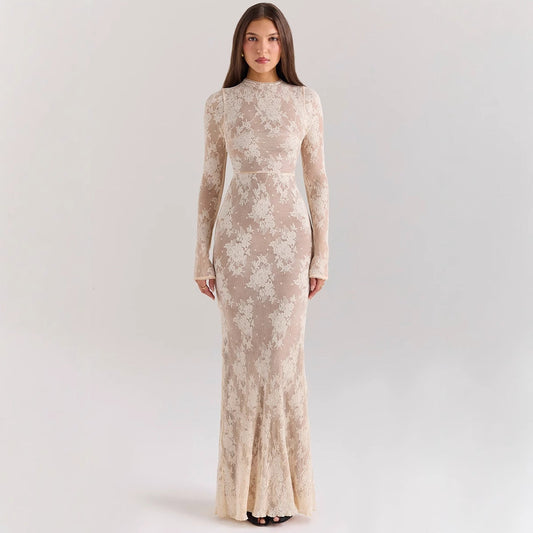 Women’s Lace Gown – Slim Fit – Long Sleeve – Fishtail Hem – High Neck Formal Dress