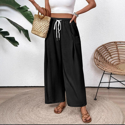 Women’s Wide-Leg Pants – Lightweight Breathable Fabric – Drawstring Waist – Full Length