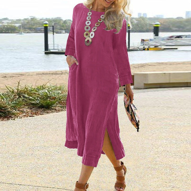 Women’s Shirt Dress – Relaxed Fit – Long Sleeve – Midi Length – Lightweight Woven – Pockets