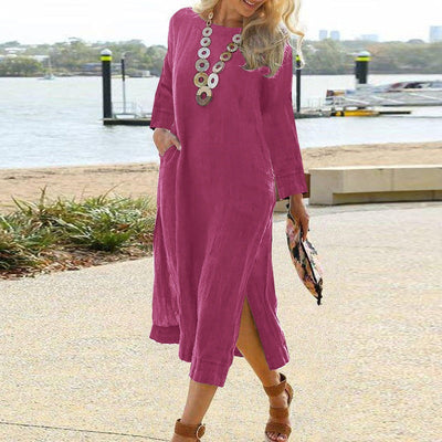 Women’s Shirt Dress – Relaxed Fit – Long Sleeve – Midi Length – Lightweight Woven – Pockets
