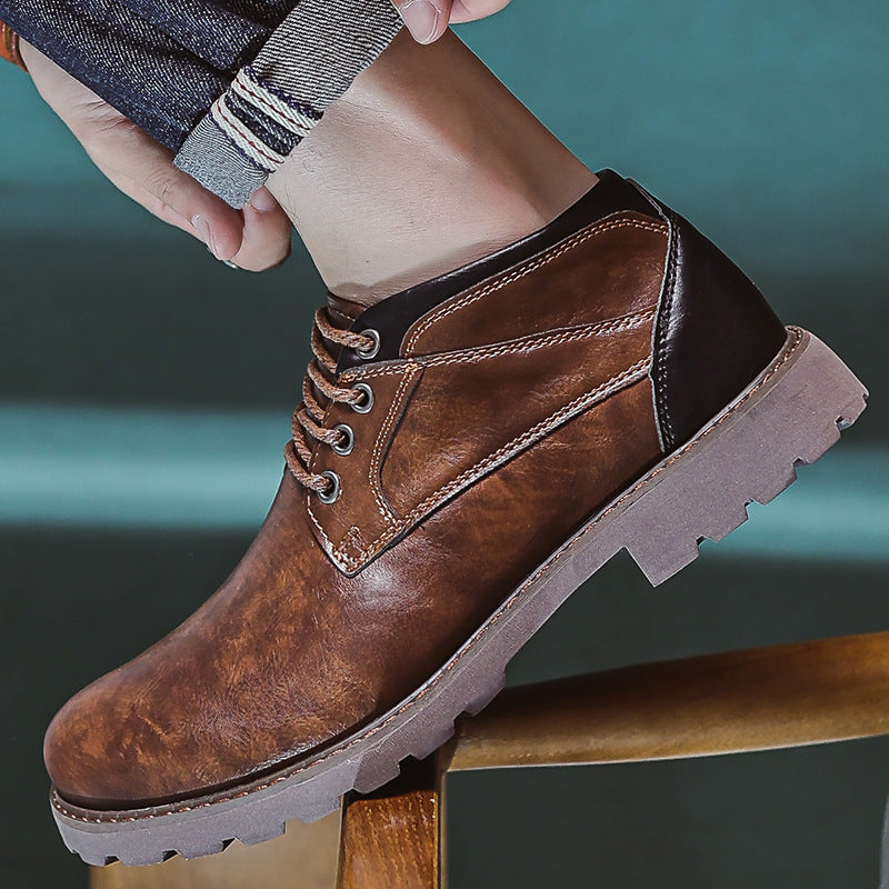 Men’s High-Top Leather Boots – Lace-Up – Cushioned Ankle – Rugged Outdoor Sole