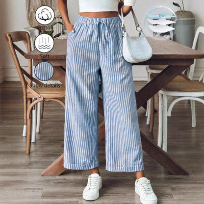 Women’s Wide-Leg Trousers – Cotton Blend – Relaxed Fit – Striped – Drawstring Waist